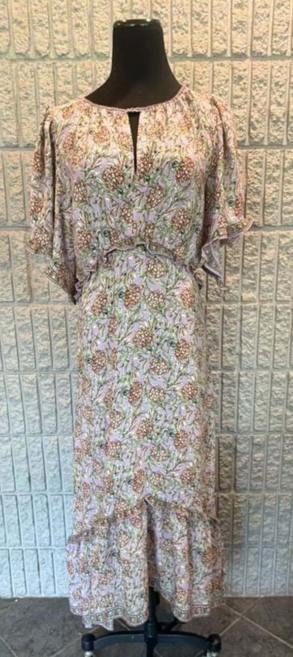 258 Max Studio London Purple Floral Print Midi Dress with Flutter Sleeves Size L